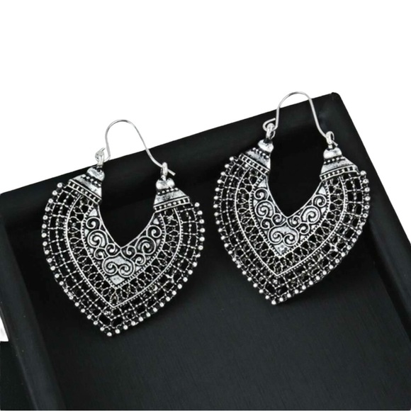 Jewelry - Boho Heart Charm Earrings, Tribal Flower Drop Filigree